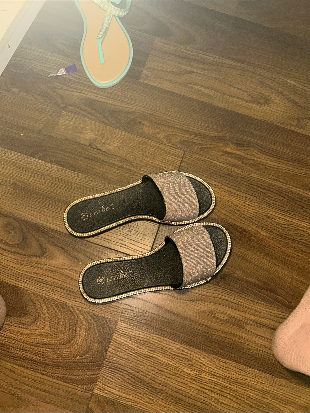 Just Be Silver Glitter Slide Sandals
